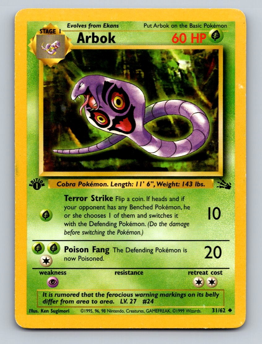 Pokemon TCG Arbok 1st Edition Uncommon Fossil 31/62